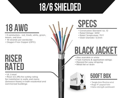 Voltive 18/6 Shielded Low Voltage Wire, Riser CL3R, Black, 500ft - 18AWG, 6 Conductors, Overall Shield, Stranded Bare Copper, UL Listed - V-1256-2