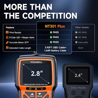 Upgraded of NT301, 2-in-1 FOXWELL NT301 Plus OBD2 Scanner Car Battery Tester, Professional Code Reader Check Engine Diagnostic Scanner Tool, 12V Automotive Cranking Charging Analyzer for 1996+ Vehicle