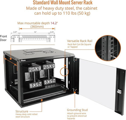 Tecmojo 9U Wall Mount Server Cabinet IT Network Rack Enclosure Lockable Door and Side Panels Black,Cooling Fan, Glass Door, 17.7inch Depth,for 19” IT Equipment, A/V Devices