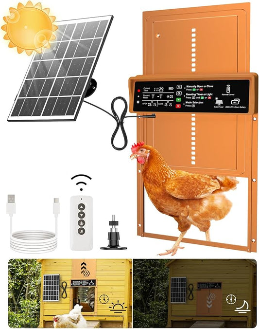 Asfrost Automatic Chicken Coop Door Solar Powered Automatic Chicken Door with Timer & Light Sensor, Anti-Pinch, Durable Aluminum Auto Chicken Door, Charge with 7W Solar Panel & USB - Orange