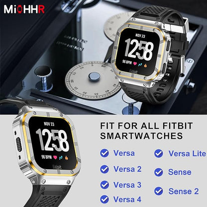 MioHHR Stainless Steel Case and Band Compatible with Fitbit Versa 4/3/2/Lite/Sense/Sense 2 Bands with Metal Case, Rugged Sports Protector Cover Silicone Wristbands for Men, Silver/Gold