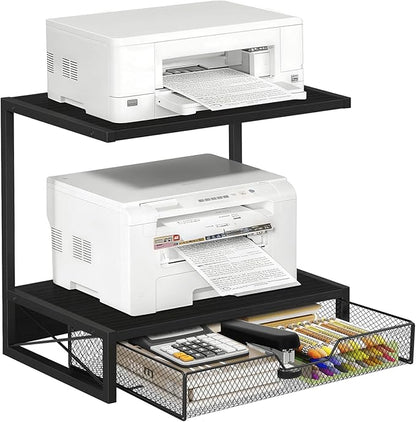ELITEROO 2-Tier Printer Shelf with Drawers, Wooden Desk Organizer Shelf for Small Printers and Office Supplies, Desktop Storage Rack for Books, Folders, Scanner, Fax Machine, 3D Printer, Black