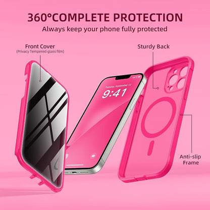 BERFY Magnetic for iPhone 13 Pro Max Case,Compatible with MagSafe,Built-in Privacy Screen Protector and Upgraded Camera Protection,Anti-Spy Full Body Shockproof Phone Case for 13 Pro Max 6.7",Hot Pink