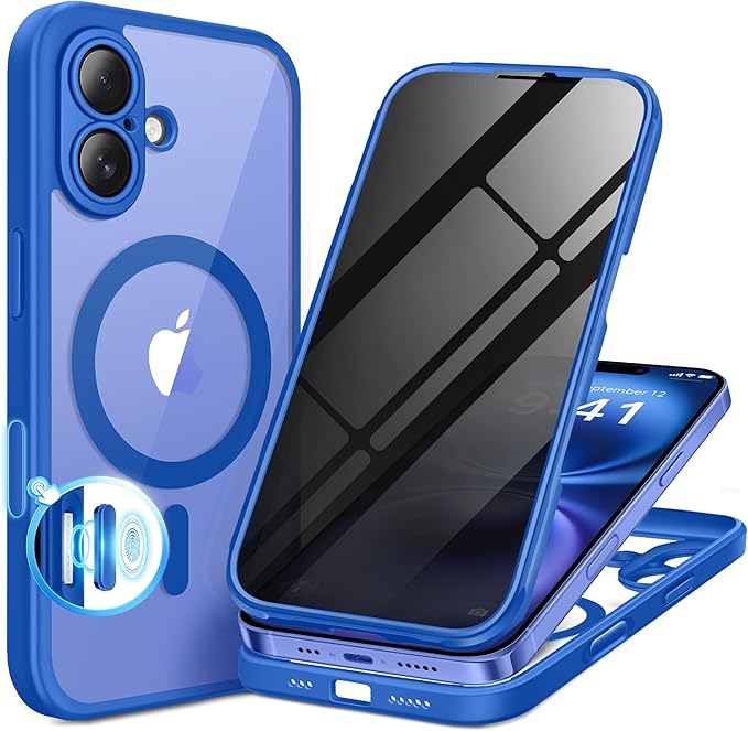 BERFY Magnetic for iPhone 16 Plus Case, Compatible with MagSafe, Built-in Privacy Screen Protector and Upgraded Camera Protection, Anti-Spy Full Body Shockproof Phone Case for 16 Plus 6.7", Klein Blue