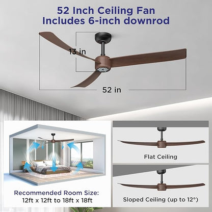 ocioc Ceiling Fans with Lights and Remote, 52 Inch Modern Ceiling Fan with Quiet Reversible DC Motor,Dimmable LED,6 Speeds,Timer, Ceiling Fan for Bedroom,Dining Room(Dark Walnut Finish)