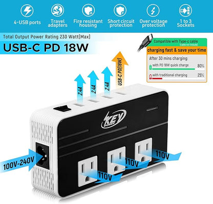 Key Power 230-Watt Step Down 220V to 110V Voltage Converter & International Travel Adapter/Power Converter with USB-C Port 18W - [Use for USA Appliance Overseas in Europe, AU, UK, Ireland, etc.]