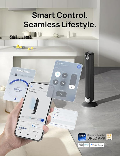 Dreo Smart Tower Fan WiFi Voice Control, Works with Alexa/Google, Cruiser Pro T1S Floor Standing Bladeless Oscillating Fan with Remote, 6 Speeds, 4 Modes, 12H Timer, for Indoor Bedroom Home Office