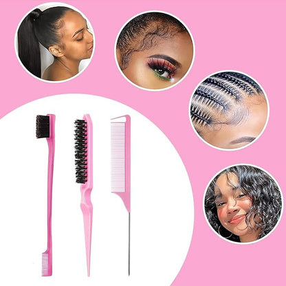 Goiple Hair Styling Brush Set, 12 Pieces Nylon Teasing Hair Brush Rat Tail Comb with Duckbill Clips, Double Sided Edge Brush for Edge & Back Brushing, Combing, Slicking Hair for Women Girls (Pink)