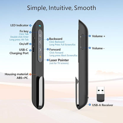 Norwii Rechargeable Bluetooth Presentation Clicker with Green Pointer, Wireless Presenter, PowerPoint Presentation Remote, Slide Clicker with 328ft Range for Teacher and Presenter, macOS Applicable