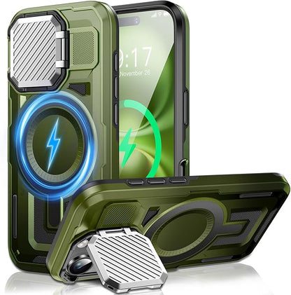 Camera Stand Case for iPhone 16, [Compatible with Mag Safe] [Lens Cover] 2024 Version Military Grade Protective Soft Case for iPhone 16 6.1 inch Men Women, Green