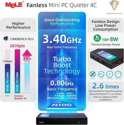 MeLE Mini PC Quieter 4C - 12th Gen N100, Fanless PC, 8GB Memory, 128GB Storage, 2.4/5G Wi-Fi, Full-Functional USB-C, 4K Triple Display Desktop on Home, Office, Education, Astrophotography