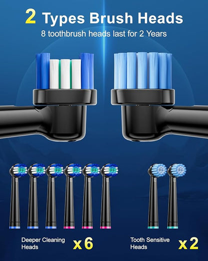 Rtauys Rotating Electric Toothbrush for Adults with 8 Brush Heads (2 Types), 5 Modes Rechargeable Power Toothbrush with Travel Case and 2 Minute Smrte Timer