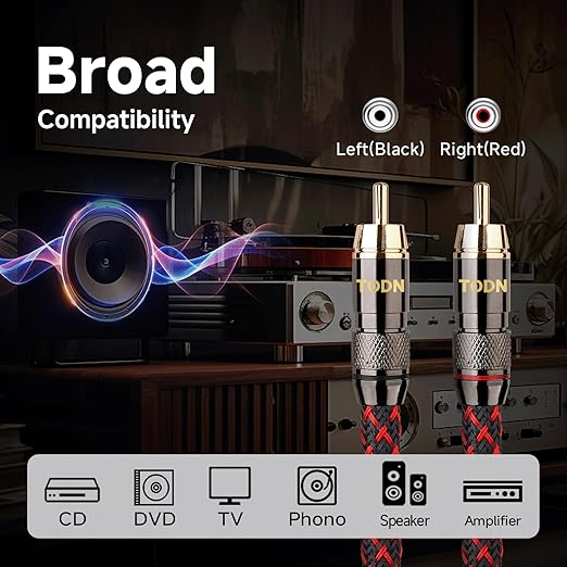 TODN High End RCA Cables for Audiophile RCA Male to Male Stereo Cord for Car Audio, Speaker, Amp - Φ7mm, Nylon Braided Jacket (6.5ft/2m, 1 Pair)