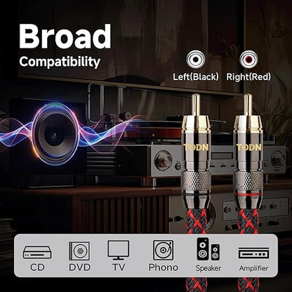 TODN RCA Cables for Audiophile 3ft HiFi Stereo Shielded RCA to RCA Audio Cable for Car, Subwoofer, 4-Core OFC, 5μ Gold Plated Plug (3 foot/1m, 1 Pair)