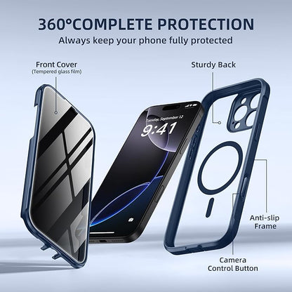 BERFY Magnetic for iPhone 16 Pro Case, Compatible with MagSafe, Built-in Privacy Screen Protector and Upgraded Camera Protection, Anti-Spy Full Body Shockproof Phone Case for 16 Pro 6.3", Blue