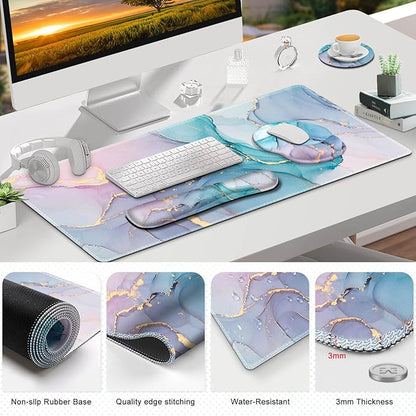 ToLuLu Desk Mat, XXL Large Mouse Pad Wrist Support Set，4 in1 Gaming Mousepad Desk Pad+ Ergonomic Mouse Pad with Wrist Rest + Keyboard Wrist Rest+Coaster for Home Office Computer, Blue Glitter Marble