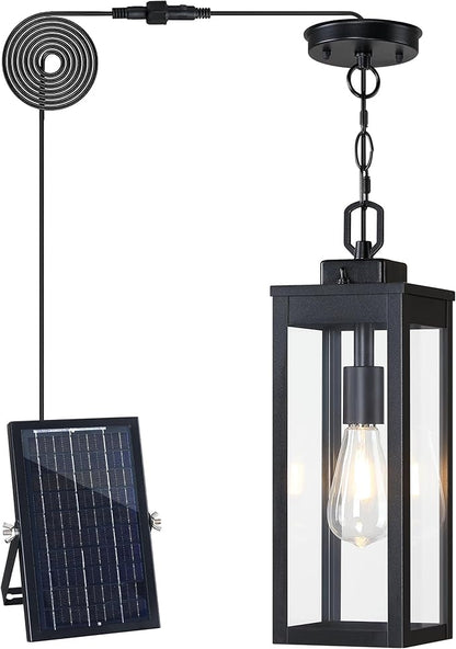 15'' Large Solar Pendant Light Outdoor, Modern Outside Chandelier Outdoor Hanging Lantern, Black with Clear Glass, Exterior Pendant Lighting Fixture Ceiling Mount for Porch, Entryway, Gazebo, 1 Pack