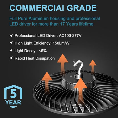 Lightdot Smart 250W LED High Bay Light 37,500LM Commercial Bay Lighting with Control (Supports Normal Mode & Motion Sensor Mode) ETL-Listed Plug and Play for 30-40FT Height-6Yrs Warranty-8Pack