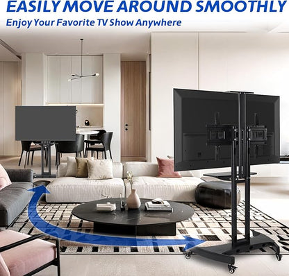 GCCSJ Rolling TV Stand with Adjustable Shelf，Portable TV Stand on Wheels for 32-75 Inch Screens，Heavy Duty Base Mobile TV Cart，132 LBS Weight Capacity， Suitable for Living Room/Bedroom/Office