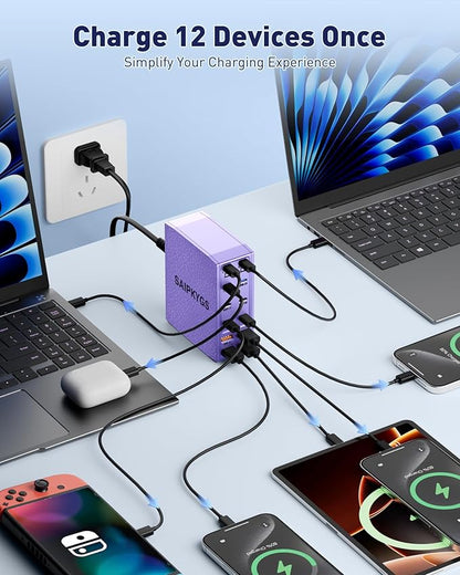 SAIPKYGS USB Charging Station (600W),12-Port USB C Charger Block with Dual 100W PD USB-C Fast Charging Station Hub for MacBook Pro/Air/All iPad Phone 17/16 15/14/13/Pro Max/Samsung Galaxy Note(Purple)