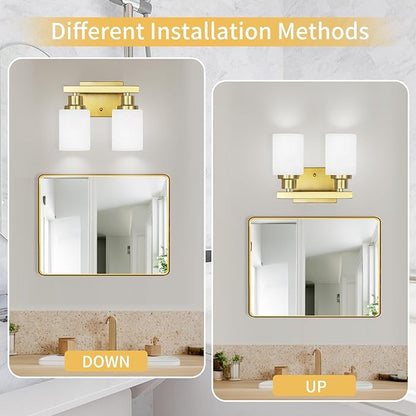 DIKAIDA Gold Bathroom Light Fixtures Over Mirror, 2-Light Modern Vanity Lights with White Glass Shade, Bathroom Wall Lamp Sconces for Mirror Bedroom, Living Room Hallway Small Space