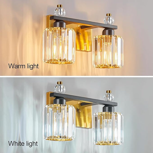 FDPBY Bathroom Vanity Lights 2-Light Black Gold Modern Crystal Vanity Light Fixtures Over Mirror Crystal Bathroom Vanity Lighting Fixtures
