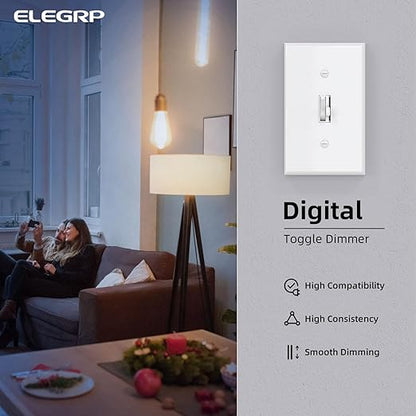 ELEGRP Digital Toggle Dimmer Switch for Dimmable LED, CFL and Incandescent Light Bulbs, Single Pole or 3-Way Toggle LED Dimmer Light Switch, Wall Plate Included, UL Listed, 6 Pack, White