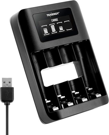 Tenergy TN474U 4-Bay NiMH/NiCD Battery Charger with LCD Display and USB Input, Portable Charger for AA/AAA NiMH and NiCD Batteries