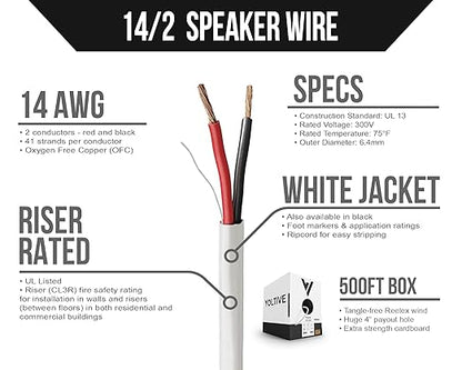 Voltive 14/2 Speaker Wire, Riser CL3R, White, 500ft - 14AWG, 2 Conductors, Stranded Oxygen-Free Copper, UL Listed - V-1268-2