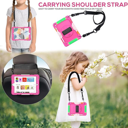BLOSOMEET Case for iPad 9th/8th/7th Generation 2021/2020/2019 10.2 Inch for Kids Girls with Tempered Glass Screen Protector & Pen Holder| iPad 10.2 Case Cover w/Stand Hand Shoulder Strap |Rose