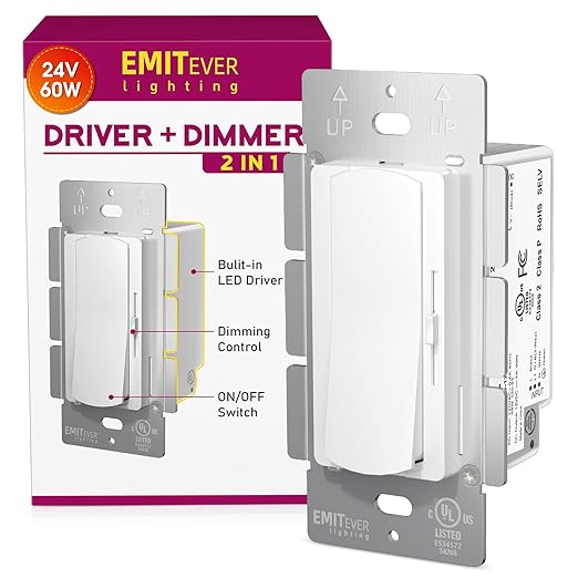 Dimmer Light Switch & 24V 60W Dimmable LED Driver 2 in 1, UL Listed Single-Pole or 3-Way Slide Dimmer Switches for Led Strip Lights,120VAC to 24VDC Power Supply for Low Voltage Project, Glossy White