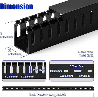 ZhiYo H1.6 x W1.2in Cable Raceway, 6.6ft (2xL3.3ft) Server Rack Cable Management Under Desk Cord Organizer, Electrical Safe PVC Cable Channel Open Slot Wire Raceway for Network/PC/TVs, Wire Duct Black
