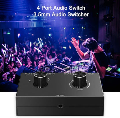4-Way 3.5mm Stereo Audio Switcher - Passive Speaker Headphone Manual Selector Splitter Box (4 In - 1 Out)