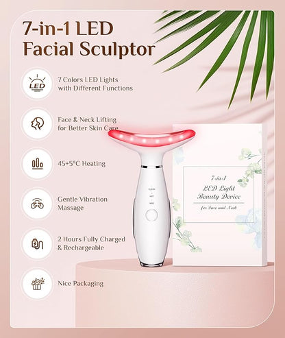 Dopsikn 7 Color Galvanic Machines - Red Light Therapy for Face and Neck, Face Massager Tool for Wrinkles, Double Chin, Vibrating Facial Massager with Thermals, White