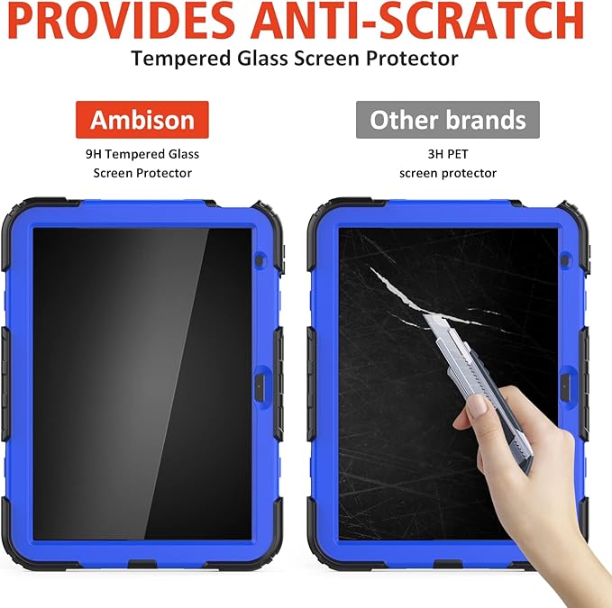 Ambison Case for iPad A16 11th/10th Generation 11"/10.9'' 2025/2022,Heavy Duty Shockproof Case with Tempered Glass Screen Protector, 360° Rotating Handle Strap&Stand,Shoulder Strap-Blue