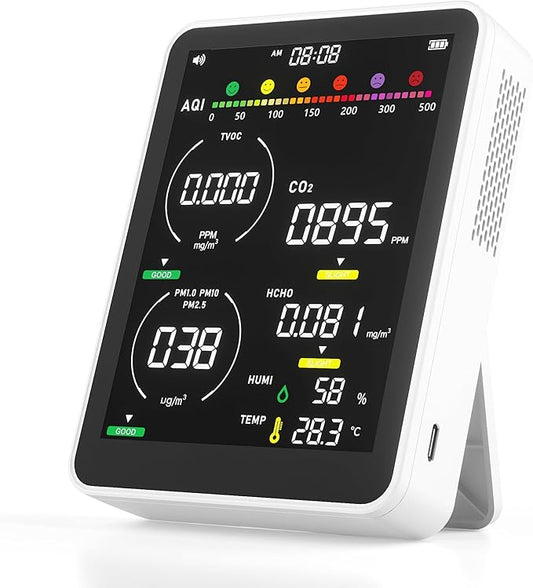 16 in 1 Air Quality Monitor Indoor 9 +7 AQI Alerts, CO2 Monitor Air Quality Tester for CO2, TVOC, PM2.5 PM1.0 PM10, HCHO Temperature Humidity AQI & Time Air Quality Meter for Home (Floral White)