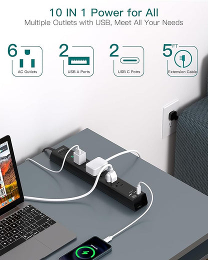 Flat Plug Extension Cord, Addtam 5Ft Surge Protector Power Strip with 6 AC Outlets 4 USB, Wall Mount, Desk Charging Station for Office School College Dorm Room Essentials, ETL Listed