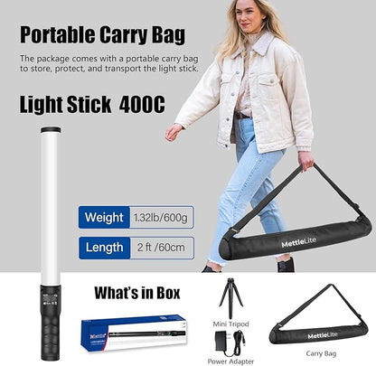Mettlelite LS400C RGB LED Light Stick Full Color Continuous Output Video Light 2 ft with APP Control 2800K-8000K CRI96 TLCI97 RGB CCT HSI 10 Customizable Light Effects Built in Rechargeable Battery