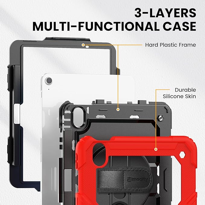 timecity Case for iPad Air 11 Inch M3/ M2 (2025/2024), 360° Rotating Stand, Pencil Holder & Wireless Charging, Shockproof with Screen Protector & Shoulder Strap - for Designers, Red
