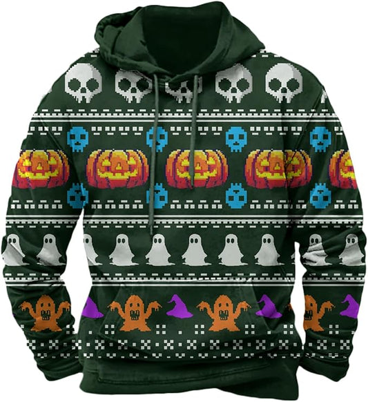 Halloween Hoodie Men Graphic Pumpkin Ghost Printed Sweatshirt Casual Trendy Long Sleeve Halloween Hooded Tops with Pockets