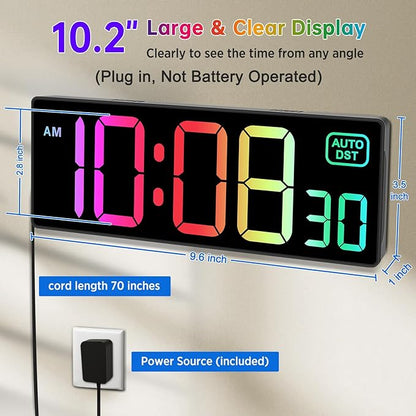 Soobest Digital Wall Clock with Remote Countdown Electrical Timer Seconds for Gym Living Room Office Classroom, 8 RGB Colors, Auto DST, Corded Plug in Large Display 5 Dimmer (10.2" Multicolor)