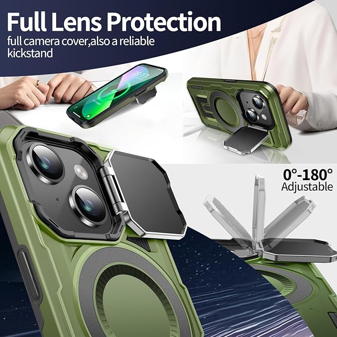 Camera Stand Case for iPhone 13/14, [Compatible with Mag Safe] [Lens Cover] 2024 Version Military Grade Protective Soft Case for iPhone 13/14 6.1 inch Men Women, Green