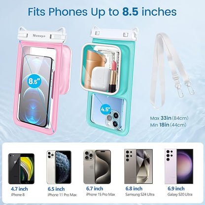 Niveaya [Floatable Floating Waterproof Phone Pouch 2 Pack-Up to 8.5", Large Space Adjustable Neck Lanyard Waterproof Phone Case, Phone Dry Bags for Vacation Beach Pool Kayak Cruise Travel Essentials
