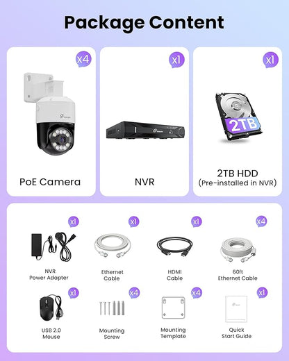 Loocam Camera for Home Security, POE Security Camera System with 4pcs Pan & Tilt Camera for Indoor Outdoor, Person/Vehicle Detection, Color Night Vision, 4K 8CH NVR 2TB HDD Included, Plug & Play