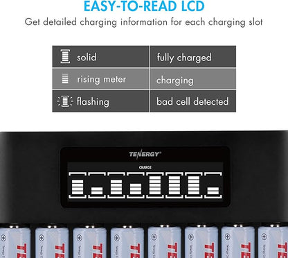 Tenergy TN480U 8-Bay LCD Display Fast Charger for NiMH/NiCD AA AAA Rechargeable Batteries with Mirco USB and USB Type C Input for AA and AAA Rechargeable Batteries