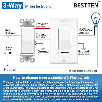 BESTTEN 6 Pack Dimmer Light Switch, LED Dimmer Switch, Single-Pole or 3-Way, for Dimmable LED, Halogen and Incandescent Bulbs, 120V, Wall Plate Included, UL Listed, White