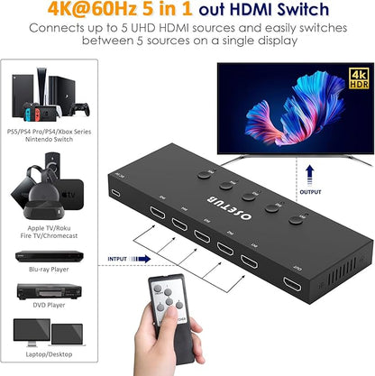 4K@60Hz 5 in 1 Out HDMI Switch, 5 Port HDMI Switcher Selector Support HDR10 & HDCP 2.2 & Full 3D with IR Remote Control Compitable with Nintendo Switch,Xbox PS5/4,Fire Stick,Roku,Apple TV for Gaming
