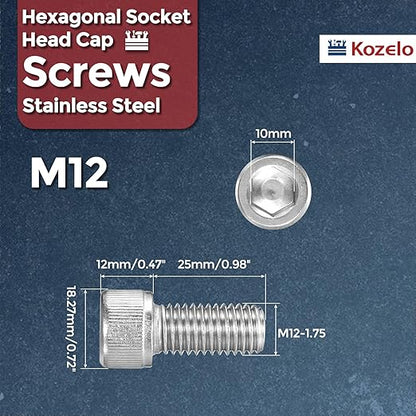 Kozelo 4pcs Socket Head Cap Screws - [M12-1.75 x 25mm] 304 Stainless Steel Allen Socket Drive for Electrical Motor 3D Printing Fan Engine Replacement Use, Silver