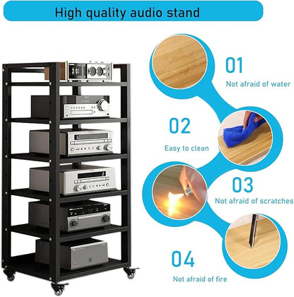 Dernoing 6 Tier Audio Rack Tower, CD Record Player Stereo Receiver AV Equipment Cabinet Display Rack, Weight Capacity 661 lbs, with Adjustable Wooden Shelves for Home (6 Tier Black)