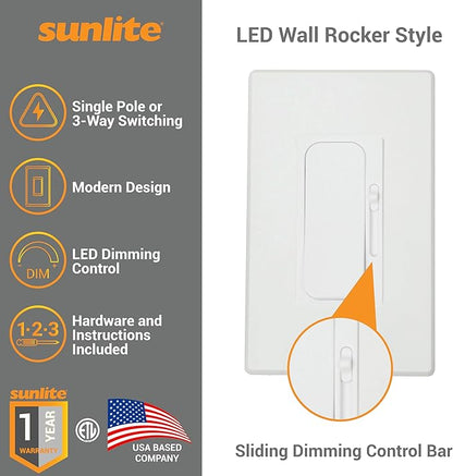 Sunlite LED Wall Rocker Style, Slide Bar Triac Dimmer Switch, Screwless Wall Plates Included, Single Pole or 3-Way Switching, 120 Volts, 200W Max for LED, 600W Max for Incandescent, White, 4 Pack